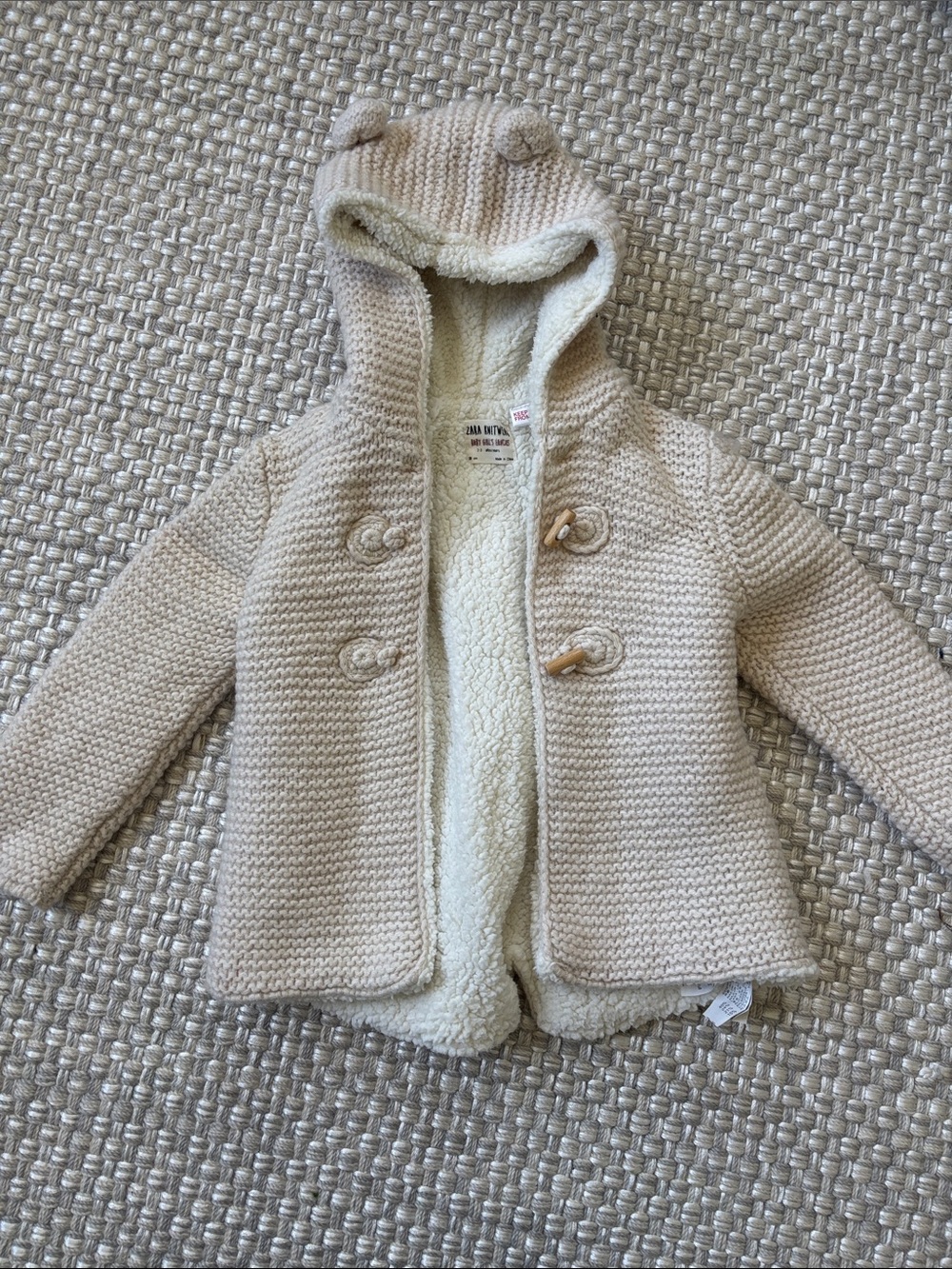 Zara Cream Knit Hooded Sherpa Coat with Toggle Buttons
